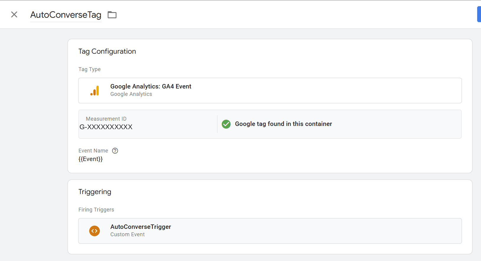GTM Google Analytics GA4 Event tag named AutoConverseTag with a redacted G-XXXXXXXXXX Measurement ID, Event Name {{Event}}, and the AutoConverseTrigger selected